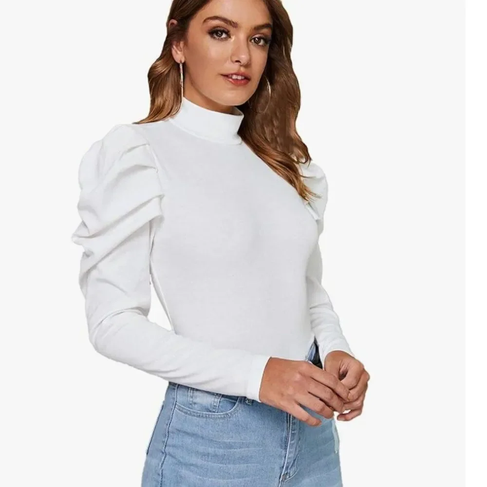 Shein Women's Elegant Puff Sleeve Mock Neck Top - Picture 4 of 5